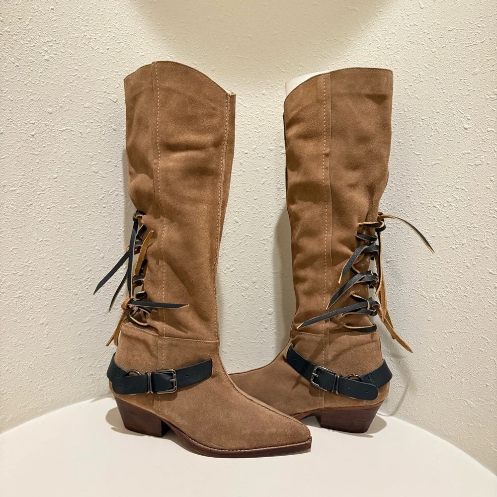 Free People Lace Sway Slouchy Women’s Military Taupe Western Boots Sz 7.5 NEW